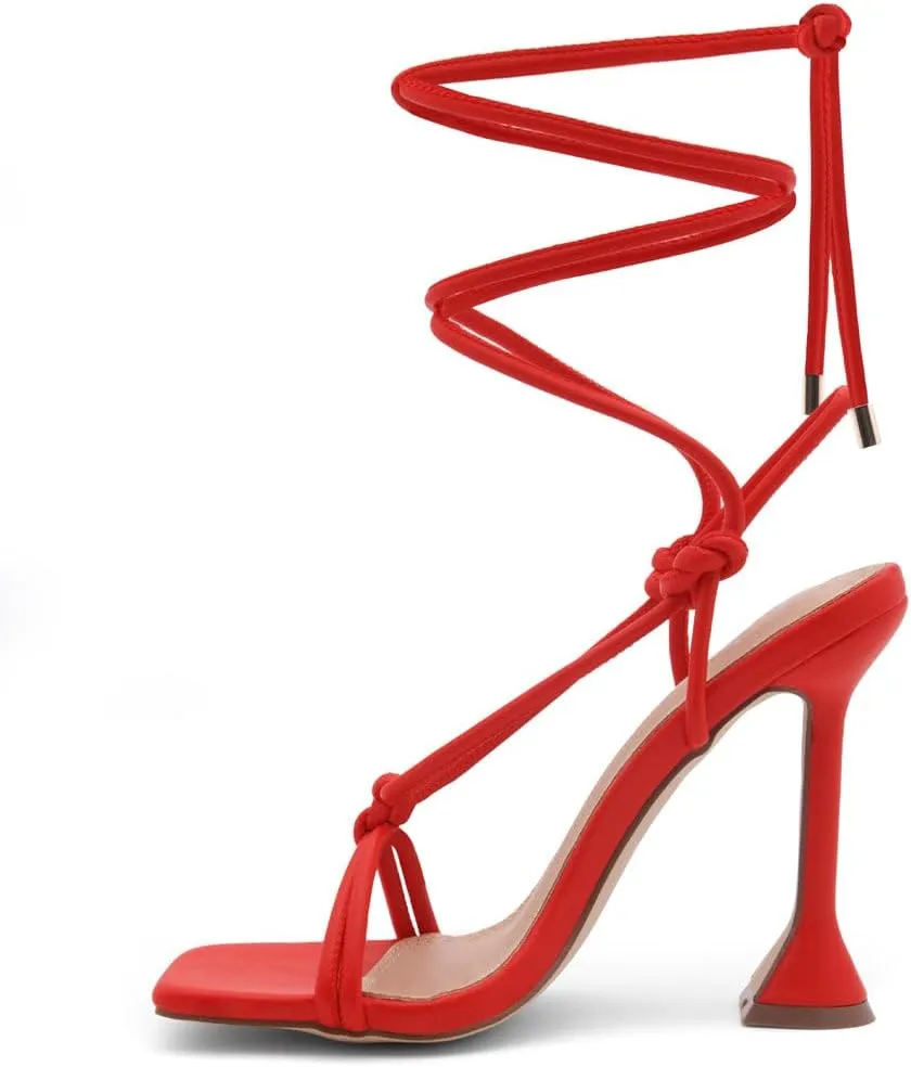 Shoe Land SL-Melody Women's Lace-Up Heels, Dressy Strappy High Heel Sandals, Square Open Toe with Tie-Up Ankle Wrap – Stiletto Heels for Prom, Party, and Wedding