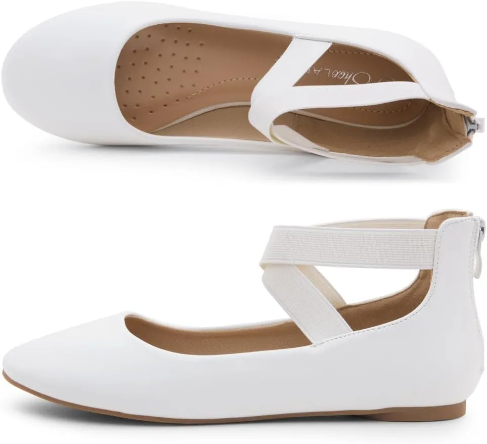 Shoe Land Women's Flats – Dressy & Casual Almond Toe Flat Shoes with Elastic Ankle Strap, Comfortable Slip-On Ballet Flats for Work, Office & Special Occasions