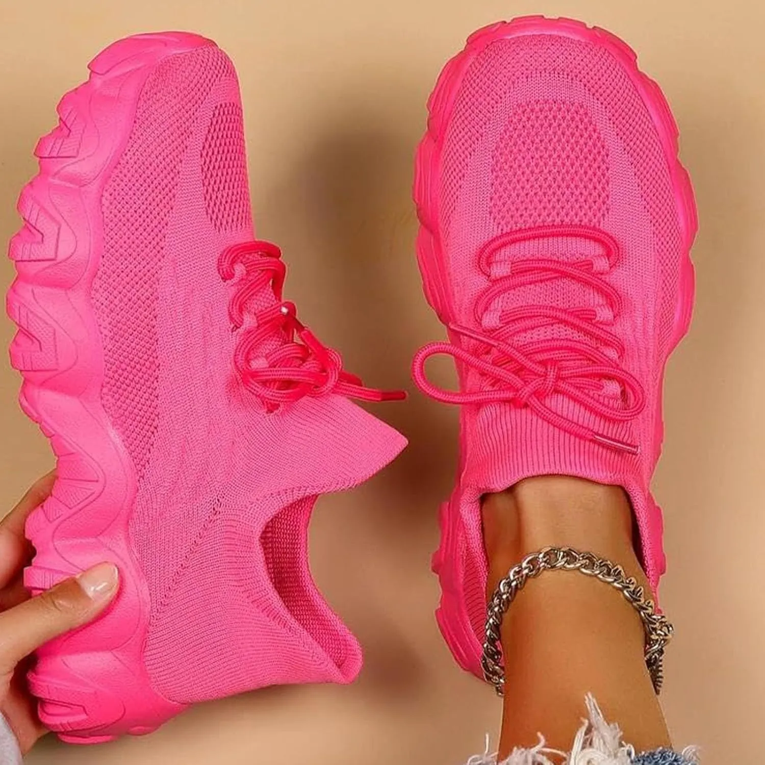 Shoes Women Sneakers, Slip on Sneakers Women, Comfortable Ankle Socks Hot Pink Sneakers Gift for Wife