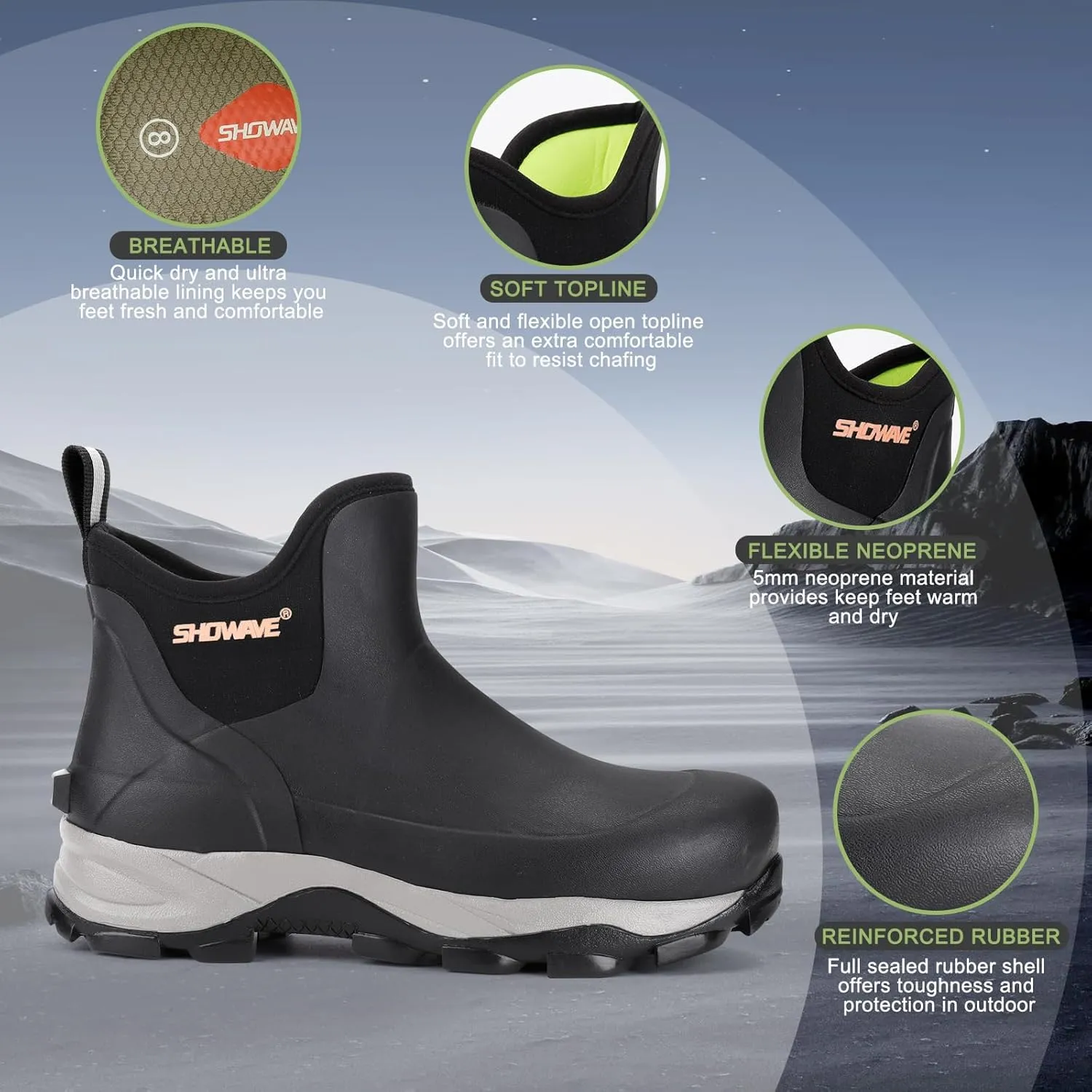 Showave Men's Rubber Boots Waterproof Rain Footwear Durable Short Hunting Boots for Mud Gardening Yard and Chore Working