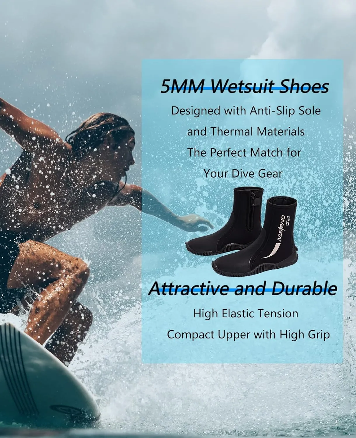 Skyone Neoprene Dive Boots, Men Women, 5MM Wetsuit Surf Booties, Diving Boots Tall Zippered with Anti-Slip Rubber Sole, Scuba Boots Dive Booties for Sailing Snorkeling