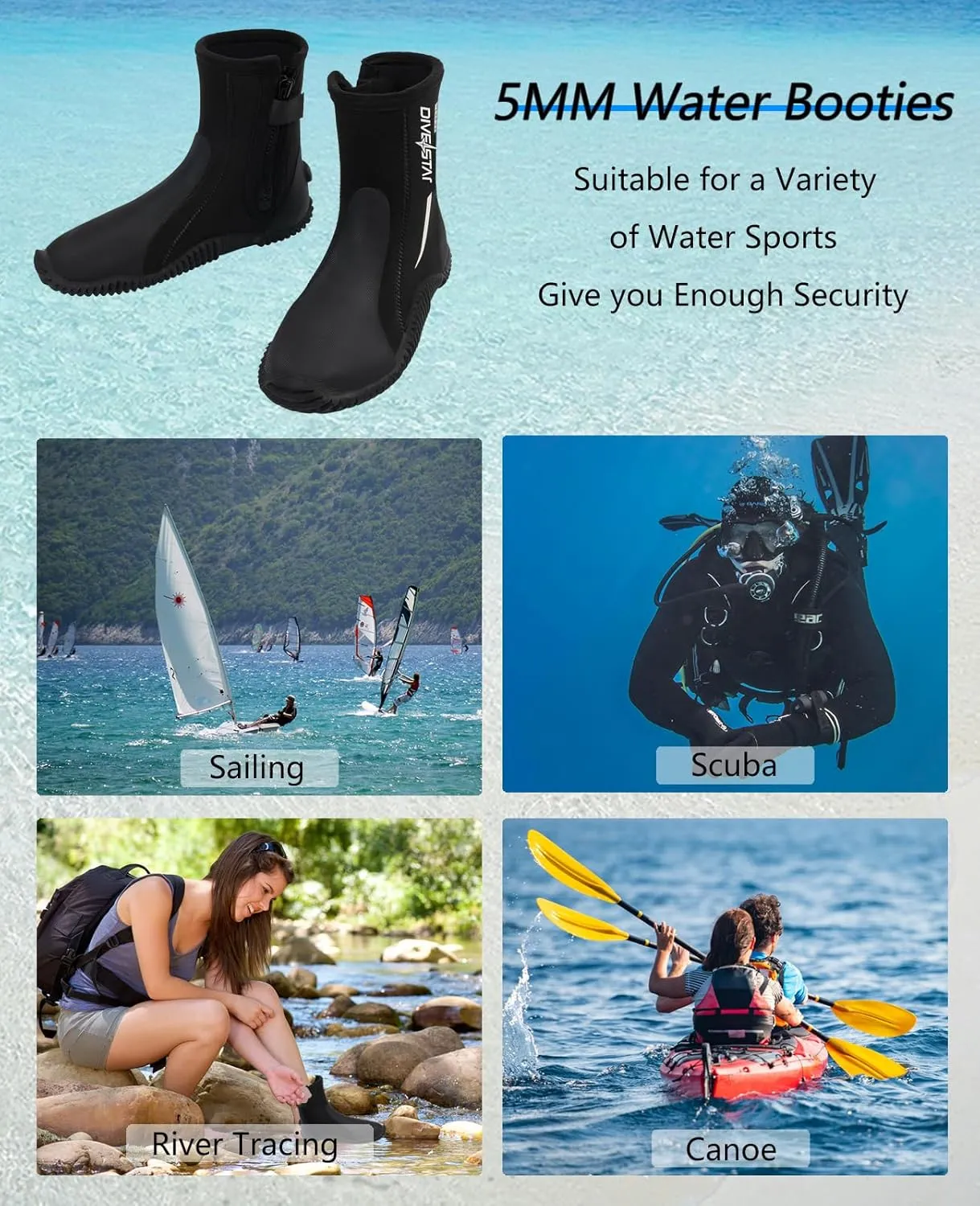 Skyone Neoprene Dive Boots, Men Women, 5MM Wetsuit Surf Booties, Diving Boots Tall Zippered with Anti-Slip Rubber Sole, Scuba Boots Dive Booties for Sailing Snorkeling