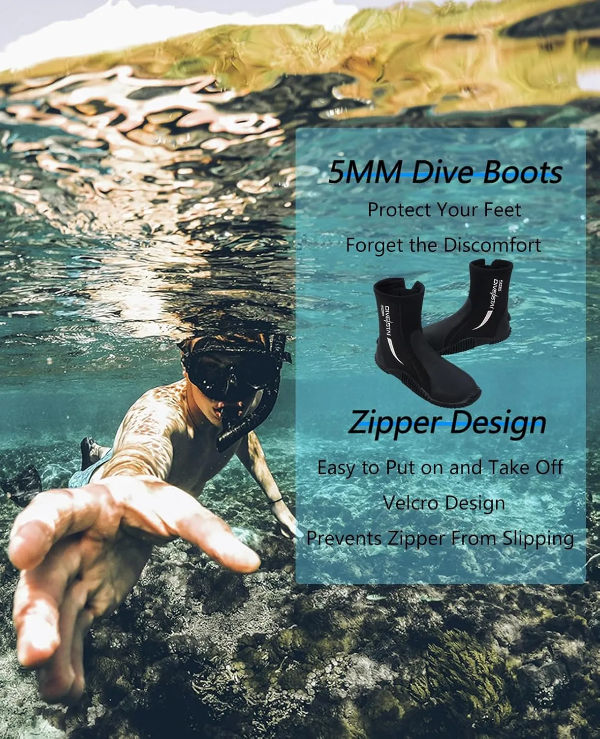 Skyone Neoprene Dive Boots, Men Women, 5MM Wetsuit Surf Booties, Diving Boots Tall Zippered with Anti-Slip Rubber Sole, Scuba Boots Dive Booties for Sailing Snorkeling