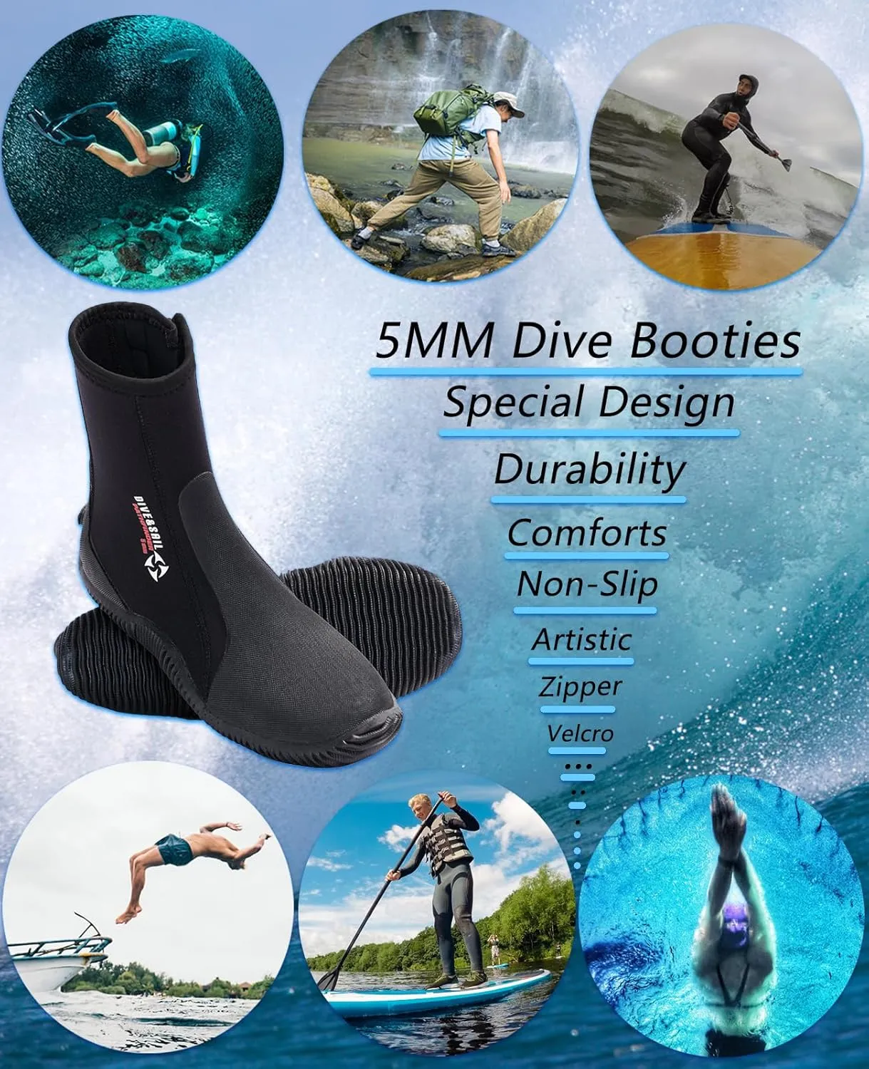 Skyone Neoprene Dive Boots Men Women, Surf Booties Scuba Diving Boots 5MM, Wetsuit Booties Scuba Shoes with Anti-Slip Premium Rubber Sole for Sailing Snorkeling Boating