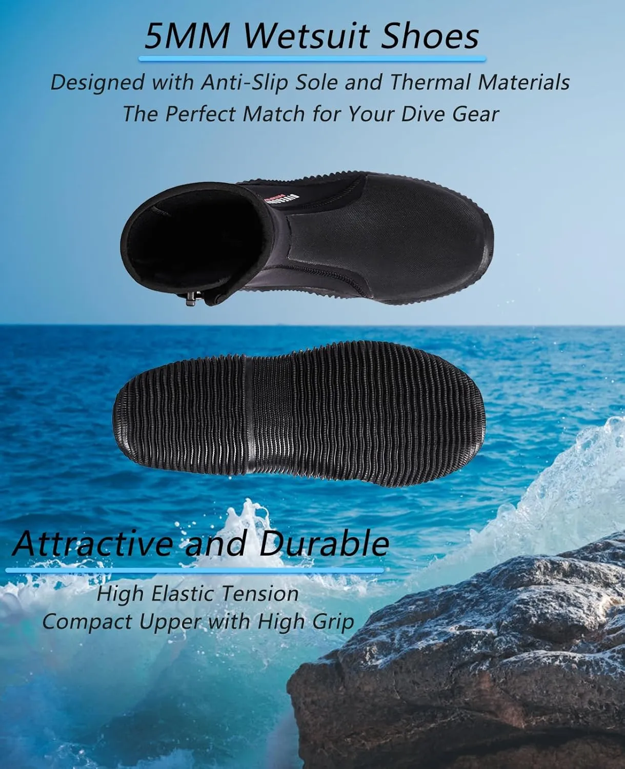Skyone Neoprene Dive Boots Men Women, Surf Booties Scuba Diving Boots 5MM, Wetsuit Booties Scuba Shoes with Anti-Slip Premium Rubber Sole for Sailing Snorkeling Boating