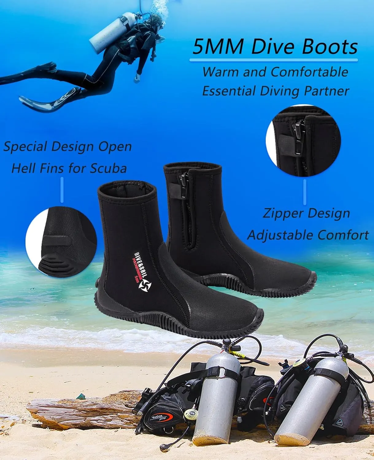 Skyone Neoprene Dive Boots Men Women, Surf Booties Scuba Diving Boots 5MM, Wetsuit Booties Scuba Shoes with Anti-Slip Premium Rubber Sole for Sailing Snorkeling Boating