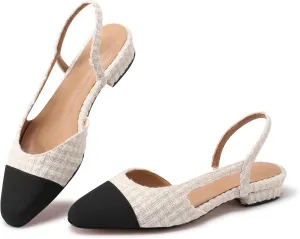 Slingback Flats for Women Sling Back Shoes Closed Toe Two Tone Low Heel Pumps Dressy Work Office Dress Shoes