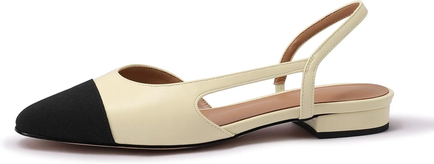 Slingback Flats for Women Sling Back Shoes Closed Toe Two Tone Low Heel Pumps Dressy Work Office Dress Shoes