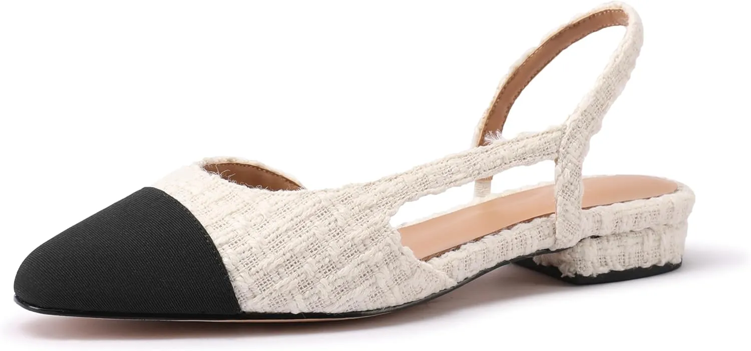 Slingback Flats for Women Sling Back Shoes Closed Toe Two Tone Low Heel Pumps Dressy Work Office Dress Shoes