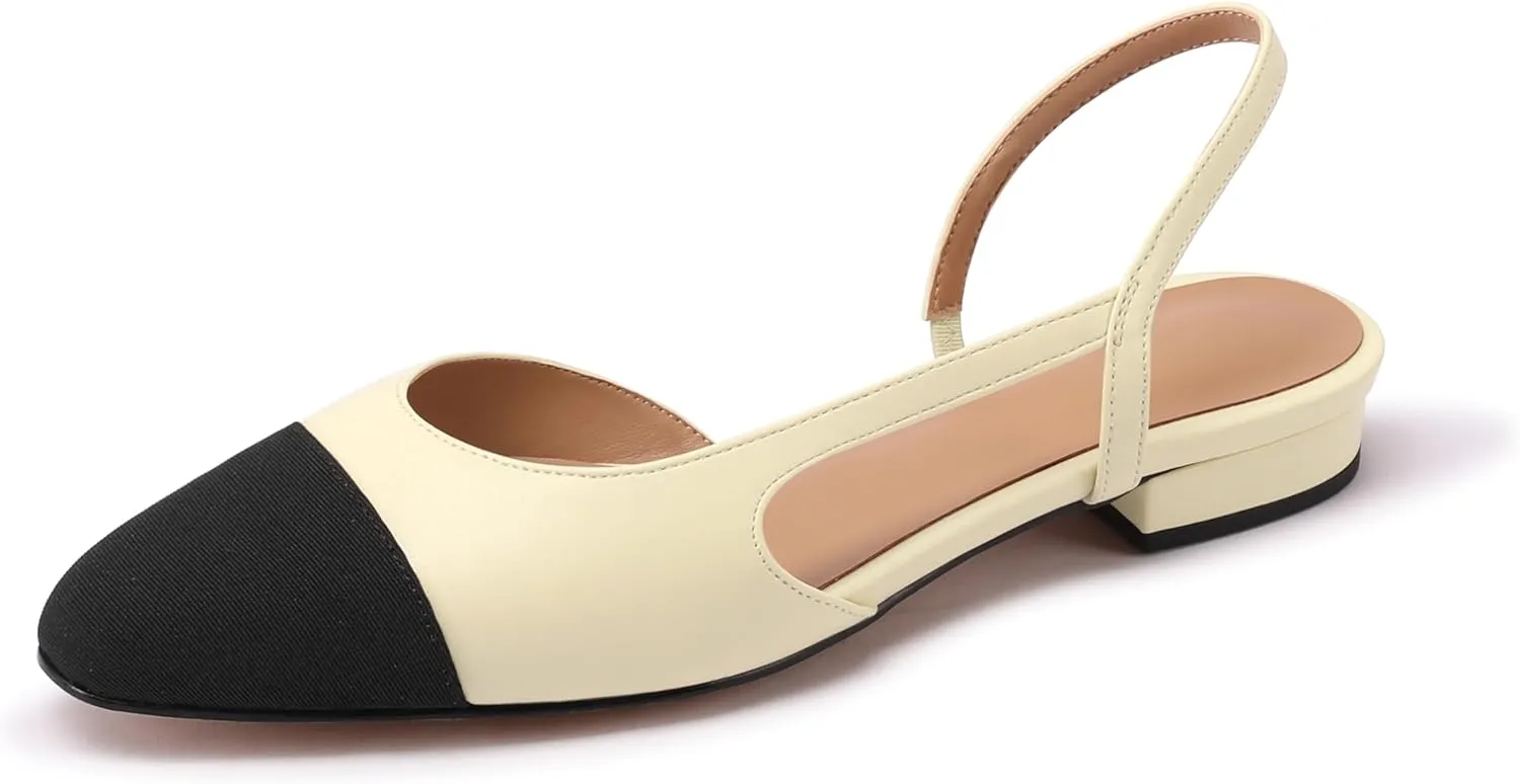 Slingback Flats for Women Sling Back Shoes Closed Toe Two Tone Low Heel Pumps Dressy Work Office Dress Shoes
