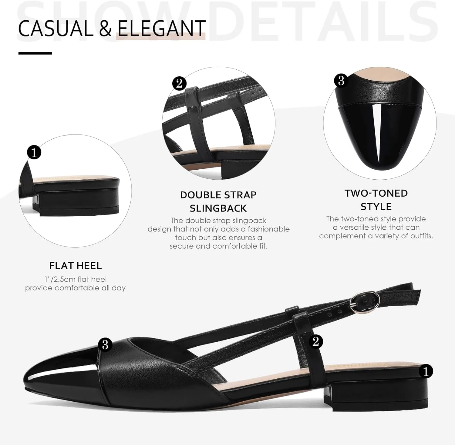 Slingback Flats for Women Two Toned Double Strap Block Low Heel Flats Classic Womens Sandals Comfortable Dressy