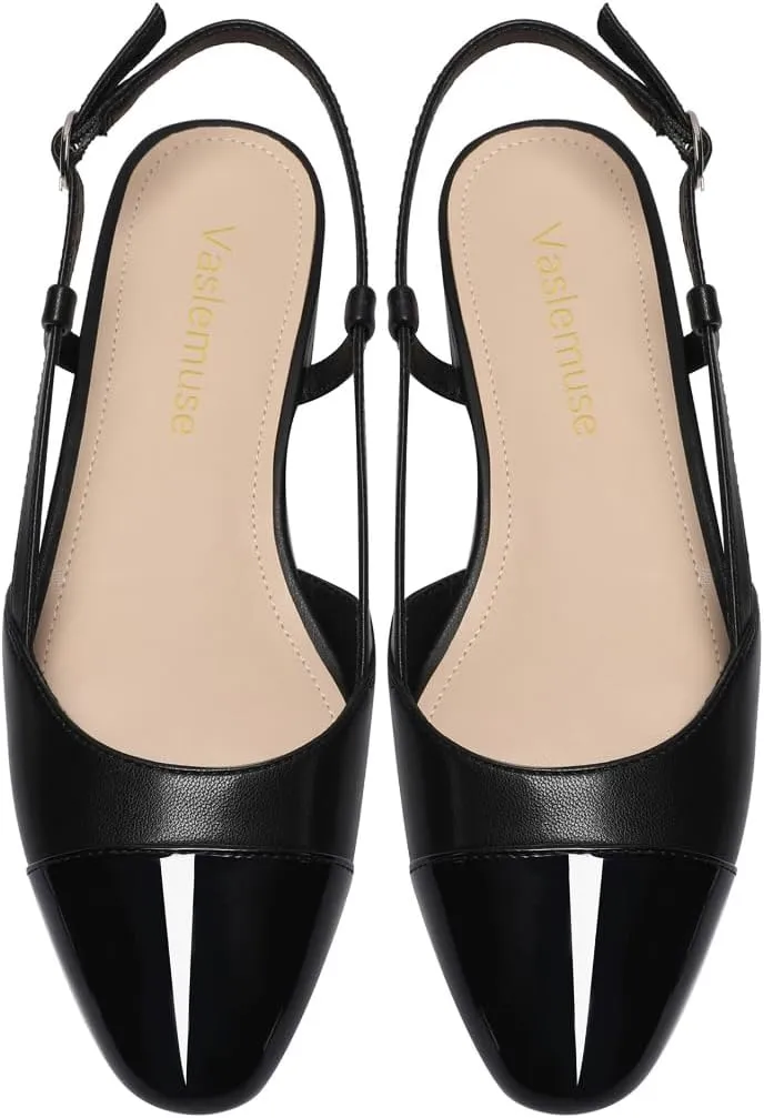 Slingback Flats for Women Two Toned Double Strap Block Low Heel Flats Classic Womens Sandals Comfortable Dressy