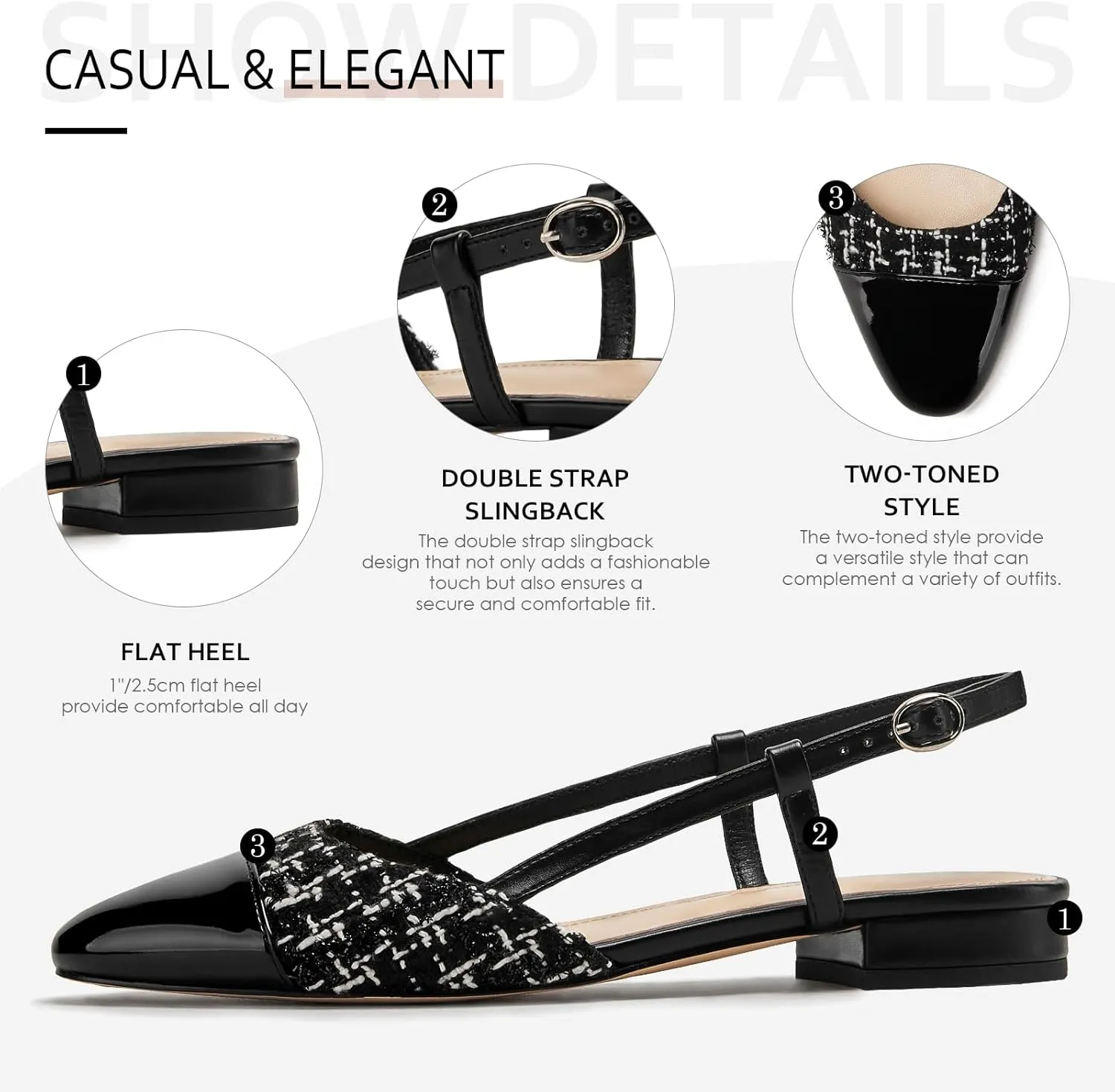 Slingback Flats for Women Two Toned Double Strap Block Low Heel Flats Classic Womens Sandals Comfortable Dressy
