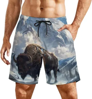 Snowy Mountain Highland Yak Men's Swim Trunks Quick Dry Board Shorts Swimwear Beach Shorts with Compression Liner