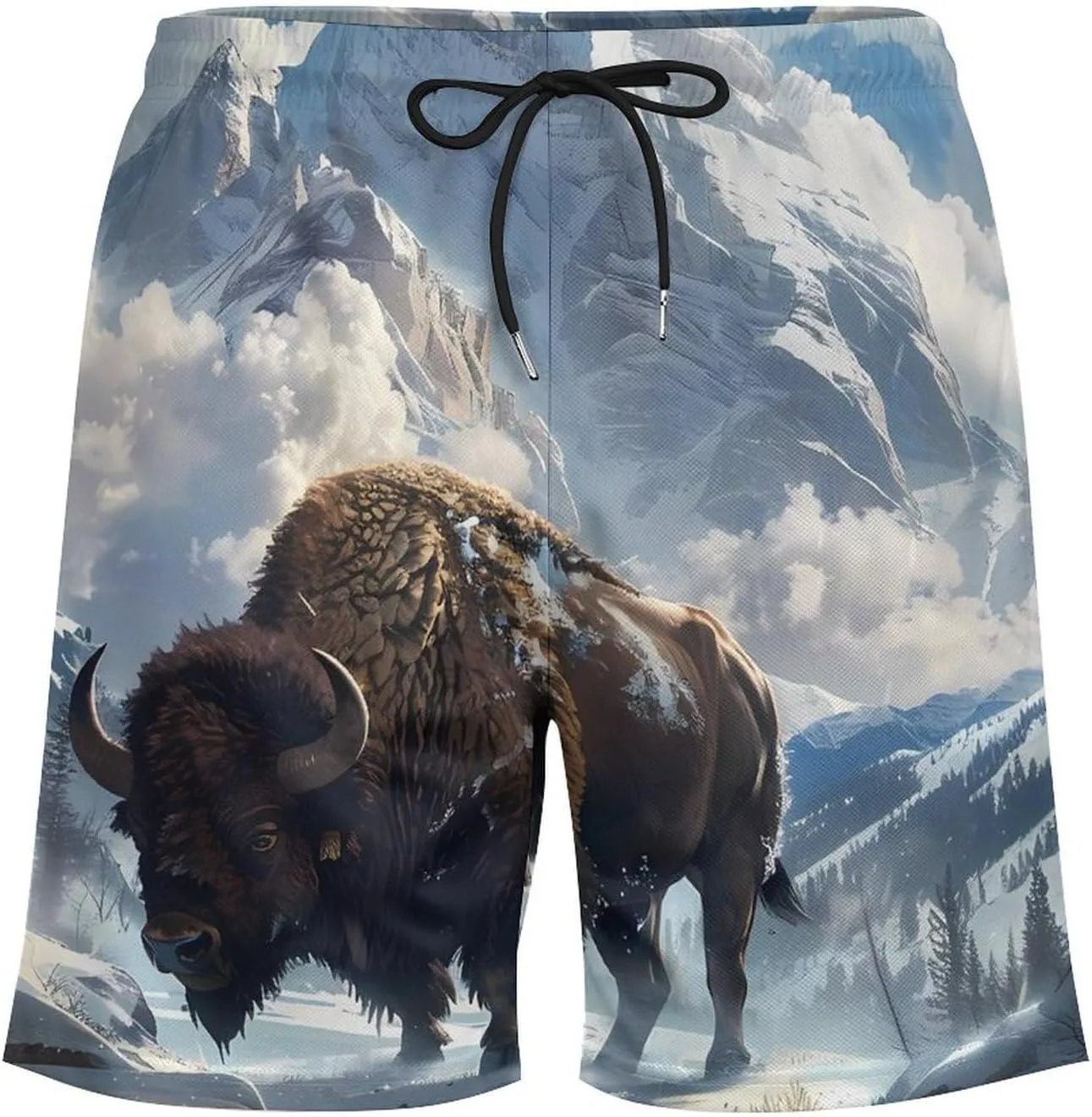 Snowy Mountain Highland Yak Men's Swim Trunks Quick Dry Board Shorts Swimwear Beach Shorts with Compression Liner