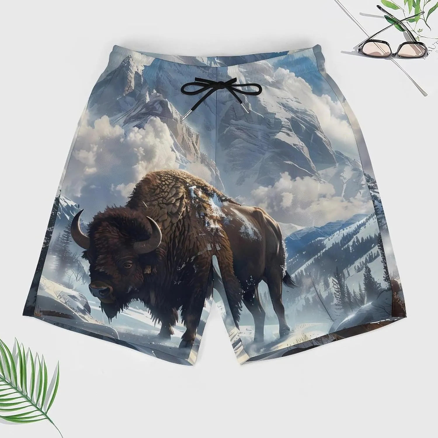 Snowy Mountain Highland Yak Men's Swim Trunks Quick Dry Board Shorts Swimwear Beach Shorts with Compression Liner