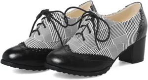 SO SIMPOK Women's Lace Up Oxfords Shoes Vintage Brogues Perforated Chunky Block Heel Party Dress Shoes Pumps Saddle Oxfords