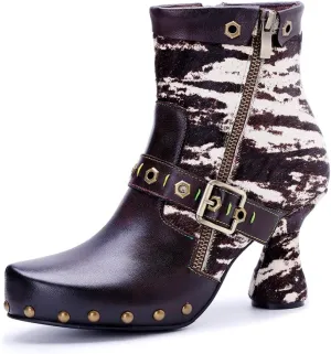 SOCOFY Womens Ankle Boots Kitten Heel Handmade Splicing Leather Floral Boots Winter Boots for Women Fashion Comfort Side Zipper Boots Outdoor Anti-Slip Pointed Toe Dress Shoes for Wedding Party