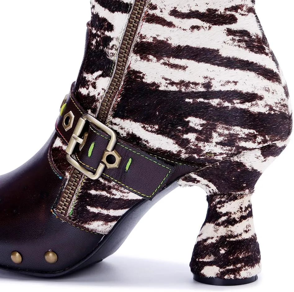 SOCOFY Womens Ankle Boots Kitten Heel Handmade Splicing Leather Floral Boots Winter Boots for Women Fashion Comfort Side Zipper Boots Outdoor Anti-Slip Pointed Toe Dress Shoes for Wedding Party