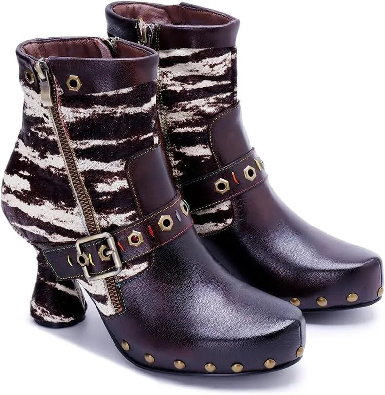 SOCOFY Womens Ankle Boots Kitten Heel Handmade Splicing Leather Floral Boots Winter Boots for Women Fashion Comfort Side Zipper Boots Outdoor Anti-Slip Pointed Toe Dress Shoes for Wedding Party