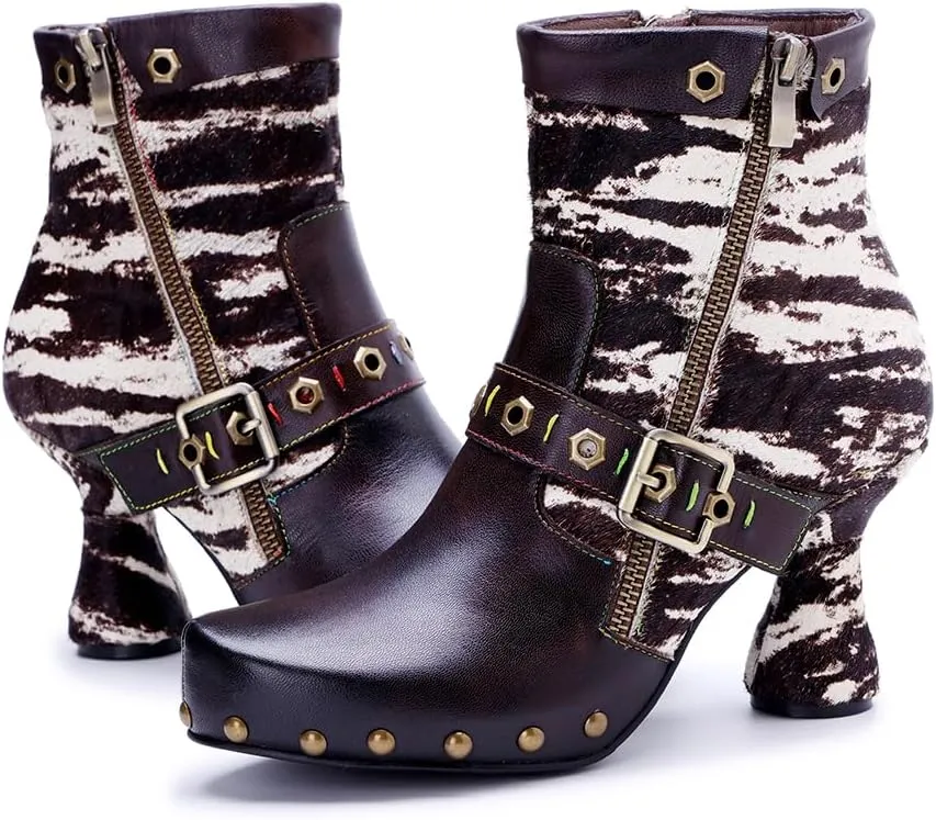 SOCOFY Womens Ankle Boots Kitten Heel Handmade Splicing Leather Floral Boots Winter Boots for Women Fashion Comfort Side Zipper Boots Outdoor Anti-Slip Pointed Toe Dress Shoes for Wedding Party