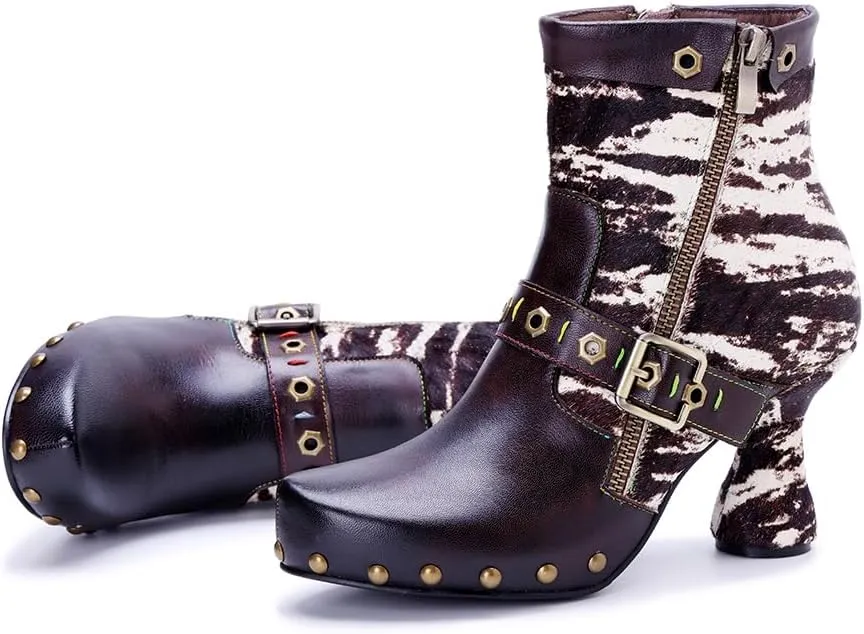 SOCOFY Womens Ankle Boots Kitten Heel Handmade Splicing Leather Floral Boots Winter Boots for Women Fashion Comfort Side Zipper Boots Outdoor Anti-Slip Pointed Toe Dress Shoes for Wedding Party