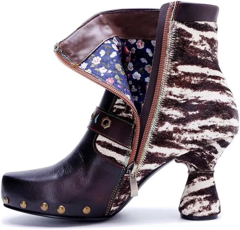 SOCOFY Womens Ankle Boots Kitten Heel Handmade Splicing Leather Floral Boots Winter Boots for Women Fashion Comfort Side Zipper Boots Outdoor Anti-Slip Pointed Toe Dress Shoes for Wedding Party