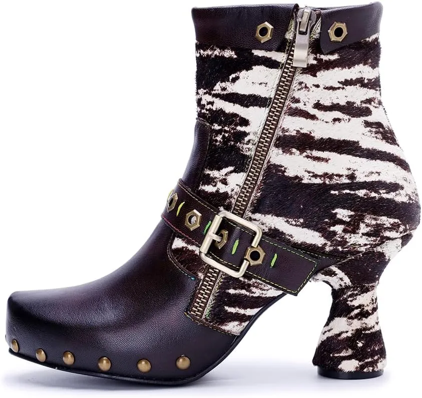 SOCOFY Womens Ankle Boots Kitten Heel Handmade Splicing Leather Floral Boots Winter Boots for Women Fashion Comfort Side Zipper Boots Outdoor Anti-Slip Pointed Toe Dress Shoes for Wedding Party