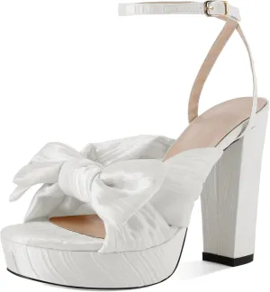 Soireelady Womens Platform Heels Bow Chunky Heels Open Toe High Heeled Sandals Ankle Strap Wedding Dress Shoes 5 Inches