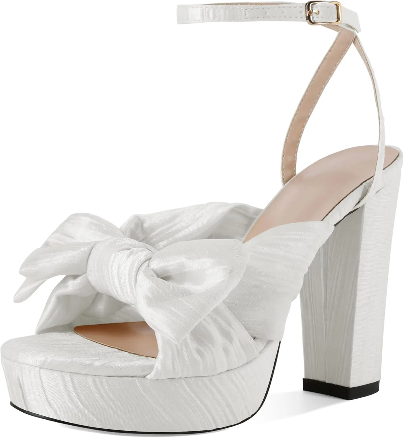 Soireelady Womens Platform Heels Bow Chunky Heels Open Toe High Heeled Sandals Ankle Strap Wedding Dress Shoes 5 Inches