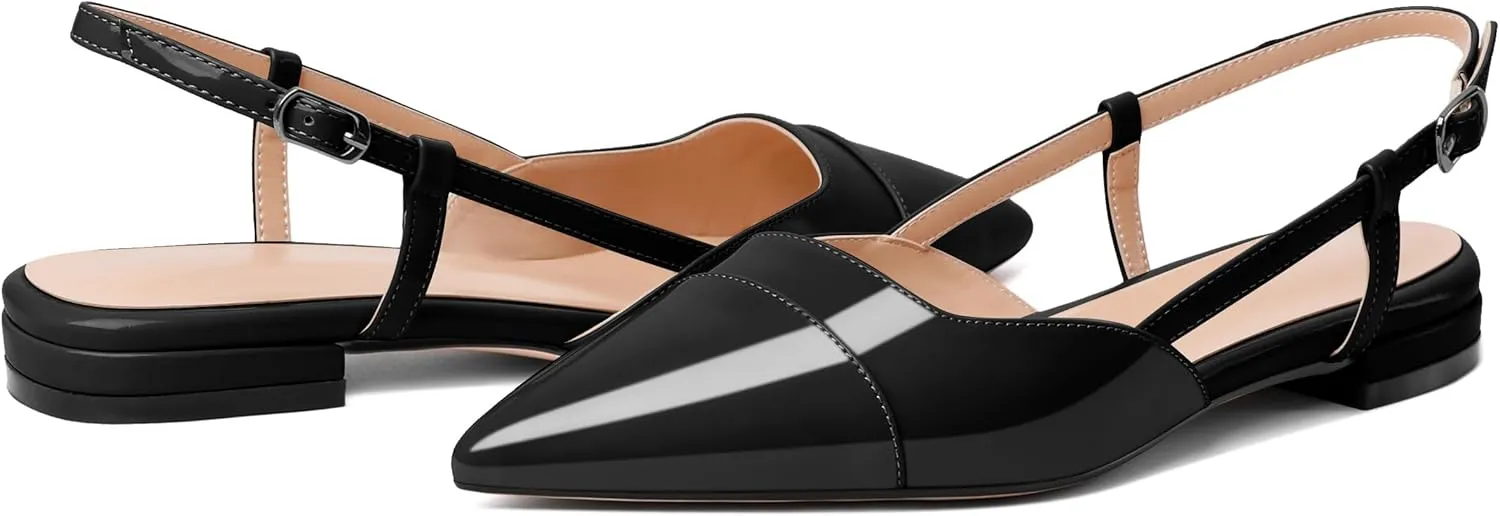 Soireelady Women's Pointed Toe Slingback Flats Ankle Strap Cap Toe Flats Leisure Walking Travel Office Ballet Flat Shoes
