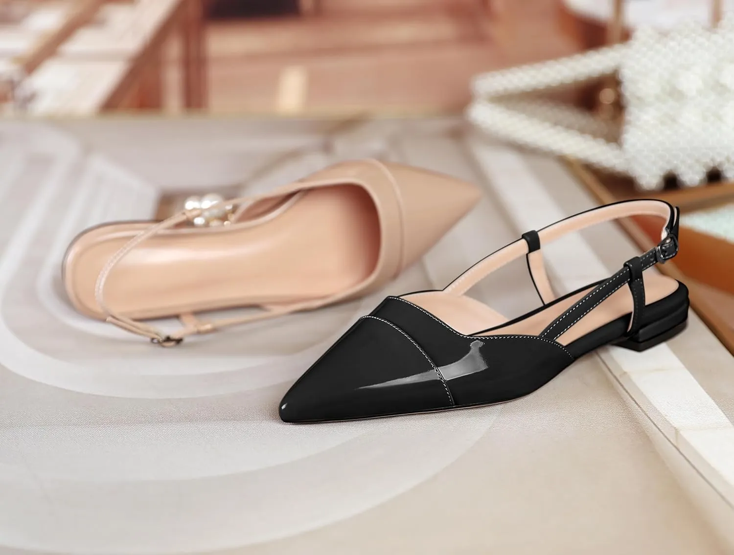 Soireelady Women's Pointed Toe Slingback Flats Ankle Strap Cap Toe Flats Leisure Walking Travel Office Ballet Flat Shoes