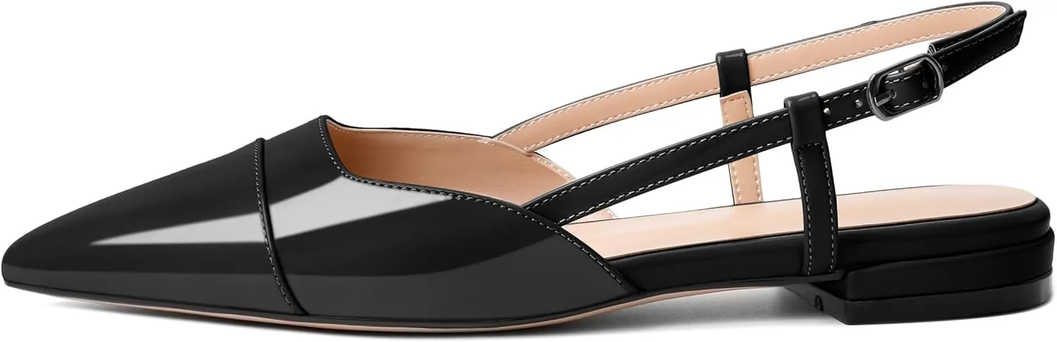 Soireelady Women's Pointed Toe Slingback Flats Ankle Strap Cap Toe Flats Leisure Walking Travel Office Ballet Flat Shoes