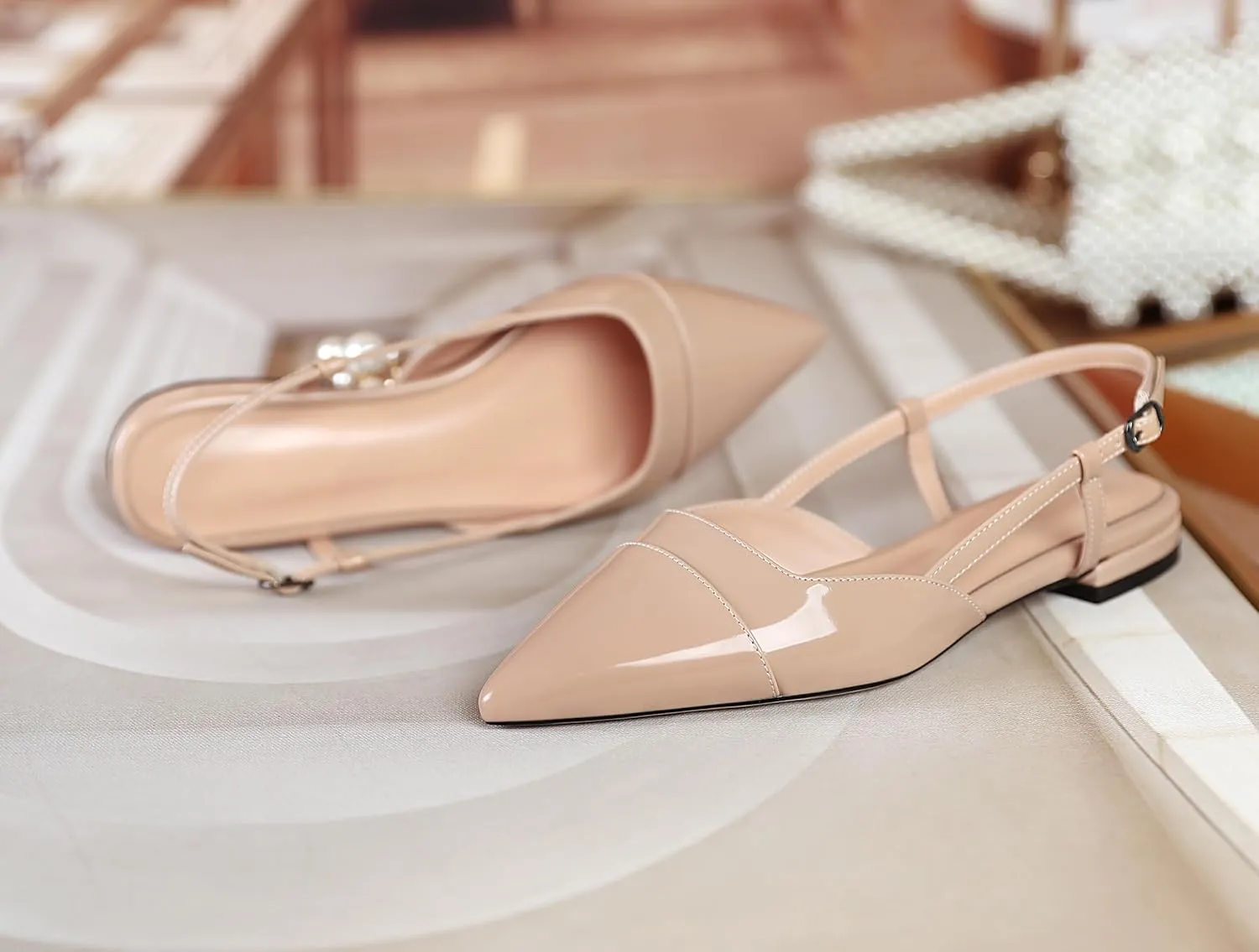 Soireelady Women's Pointed Toe Slingback Flats Ankle Strap Cap Toe Flats Leisure Walking Travel Office Ballet Flat Shoes