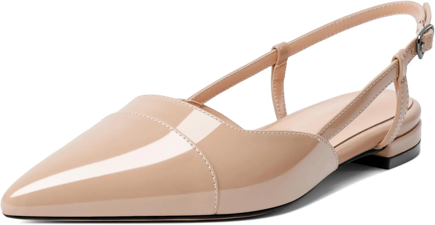 Soireelady Women's Pointed Toe Slingback Flats Ankle Strap Cap Toe Flats Leisure Walking Travel Office Ballet Flat Shoes