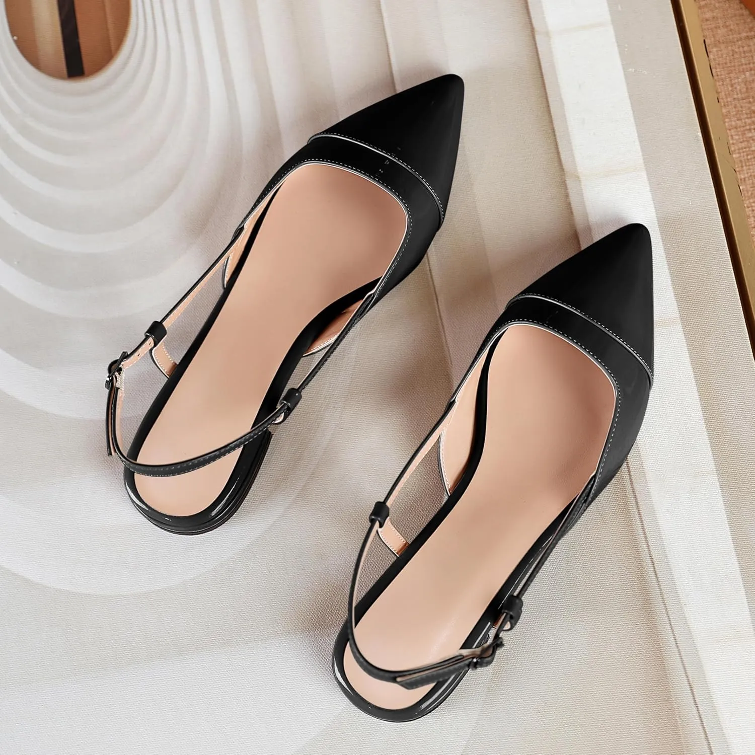 Soireelady Women's Pointed Toe Slingback Flats Ankle Strap Cap Toe Flats Leisure Walking Travel Office Ballet Flat Shoes