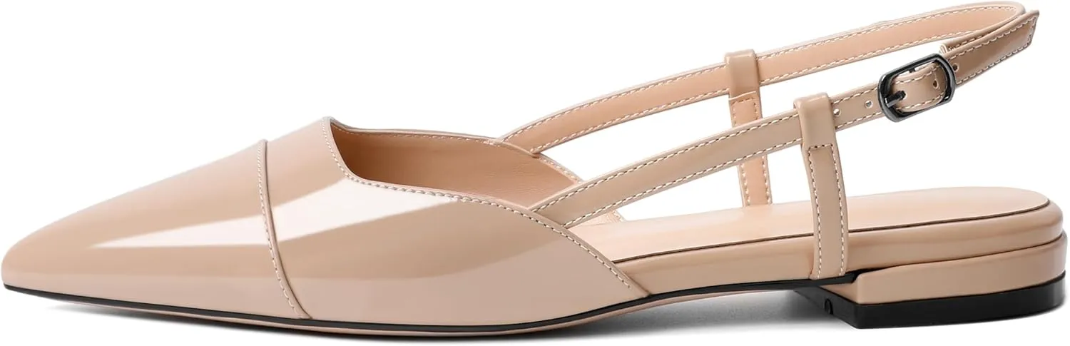 Soireelady Women's Pointed Toe Slingback Flats Ankle Strap Cap Toe Flats Leisure Walking Travel Office Ballet Flat Shoes