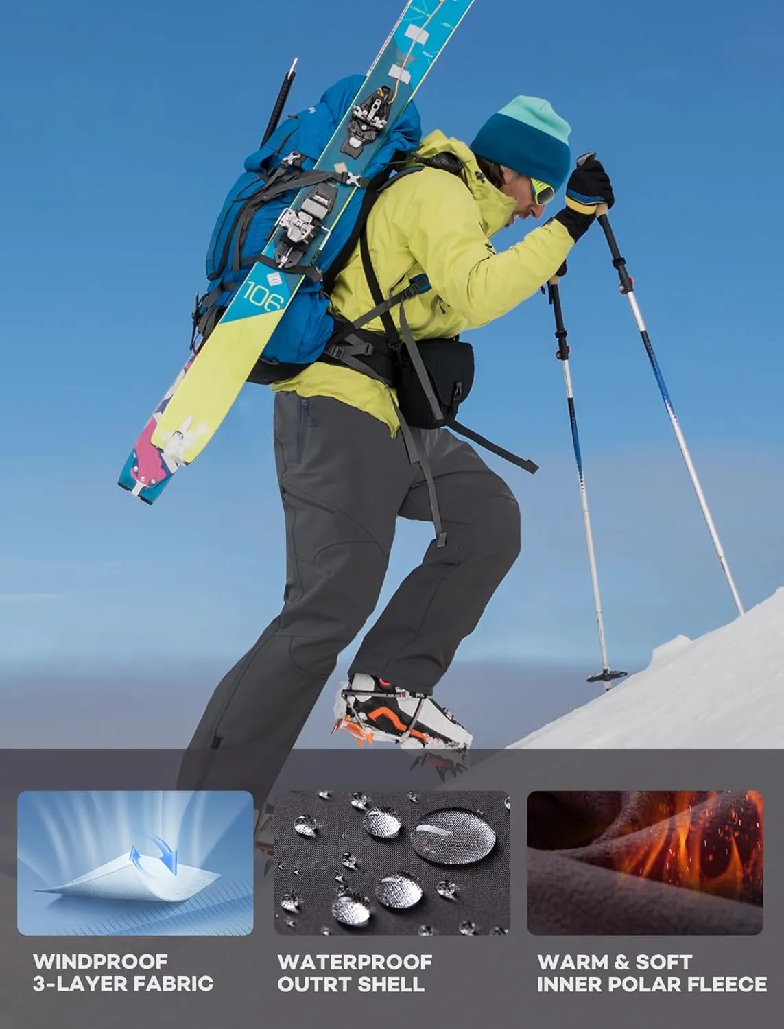 Stlight Mens Snow Ski Water Repellent Softshell Pants for Winter Hiking Fleece Lined Bottom Leg Zipper with 6 Zip Pockets