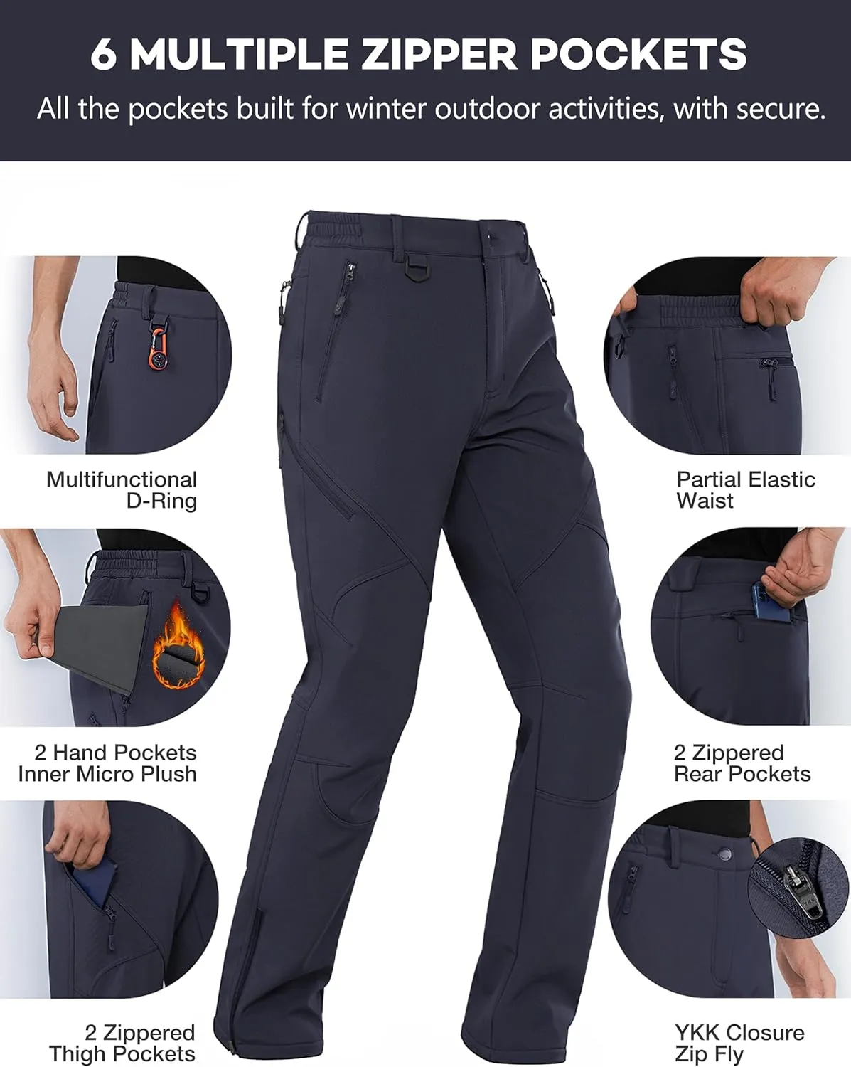 Stlight Mens Snow Ski Water Repellent Softshell Pants for Winter Hiking Fleece Lined Bottom Leg Zipper with 6 Zip Pockets
