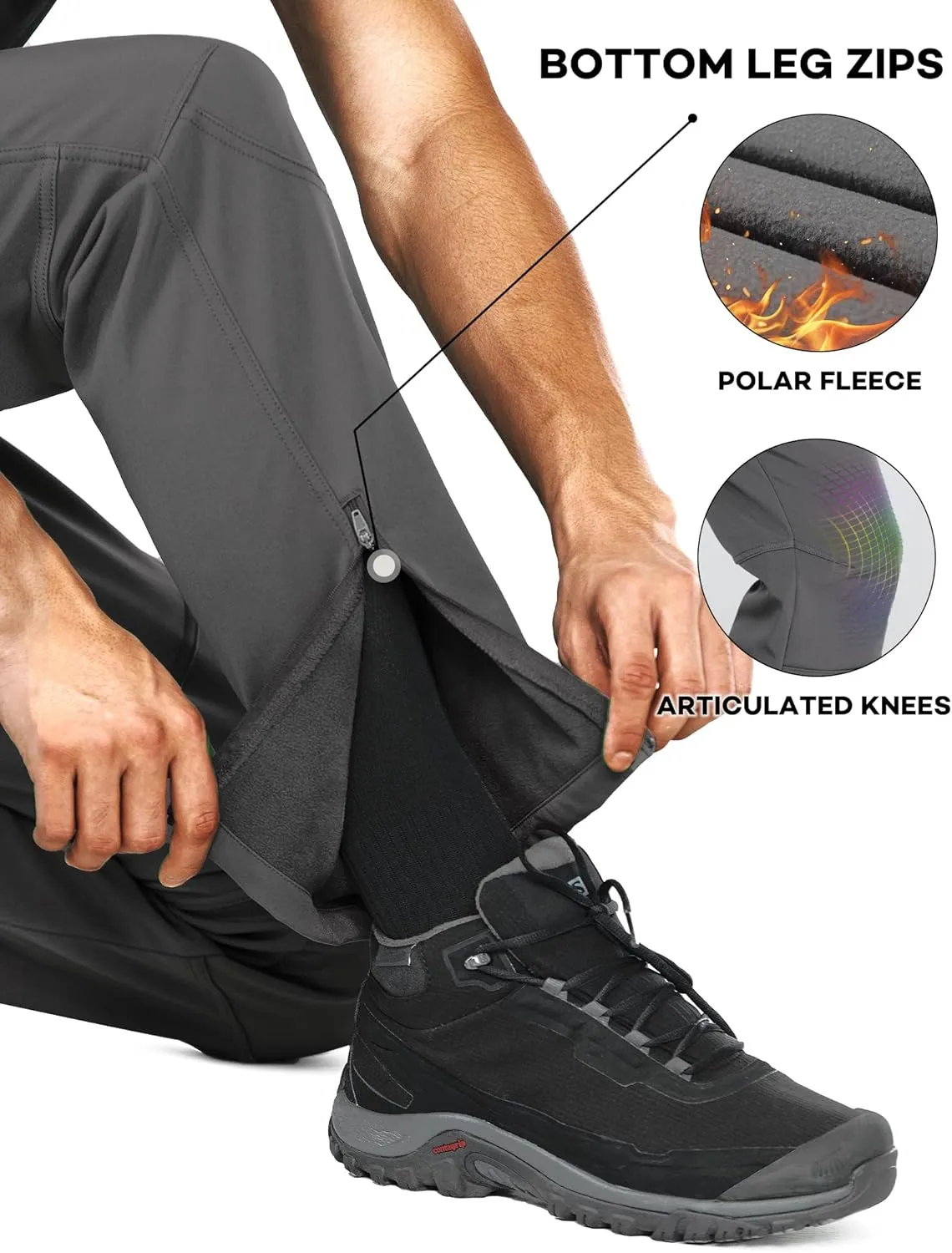 Stlight Mens Snow Ski Water Repellent Softshell Pants for Winter Hiking Fleece Lined Bottom Leg Zipper with 6 Zip Pockets
