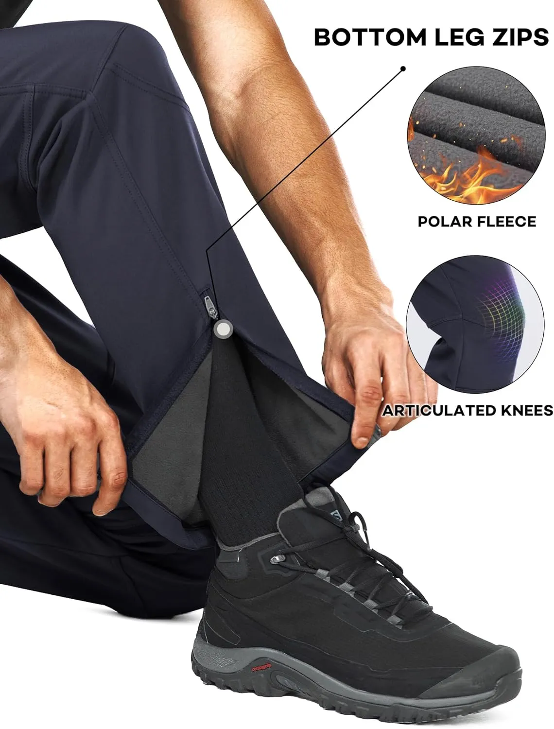 Stlight Mens Snow Ski Water Repellent Softshell Pants for Winter Hiking Fleece Lined Bottom Leg Zipper with 6 Zip Pockets