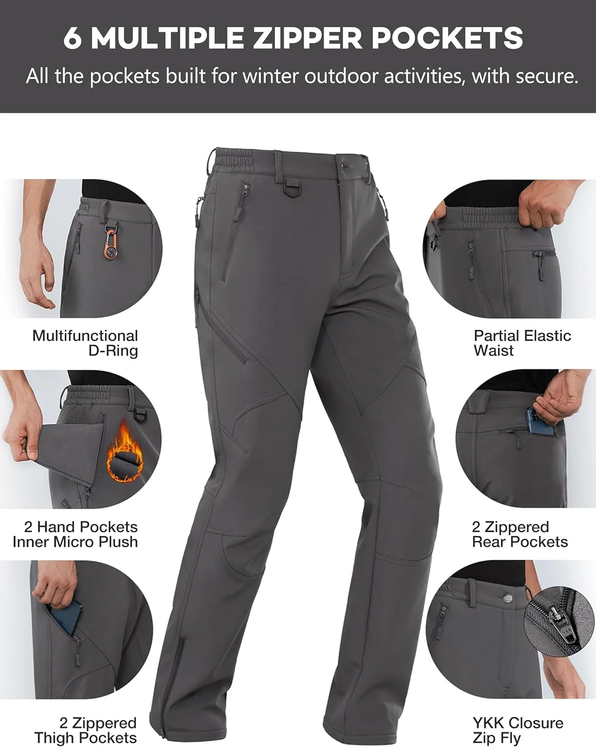 Stlight Mens Snow Ski Water Repellent Softshell Pants for Winter Hiking Fleece Lined Bottom Leg Zipper with 6 Zip Pockets