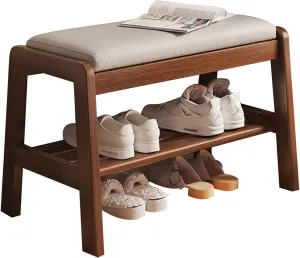 Storage Benches, Entryway Organizer with Leather Cushion, 2 Tier Solid Wood Ottoman Shoe Bench, Mid Century Modern Shoe Rack for Living Room, Hallway(Dark Color,55cm/21.7inch)