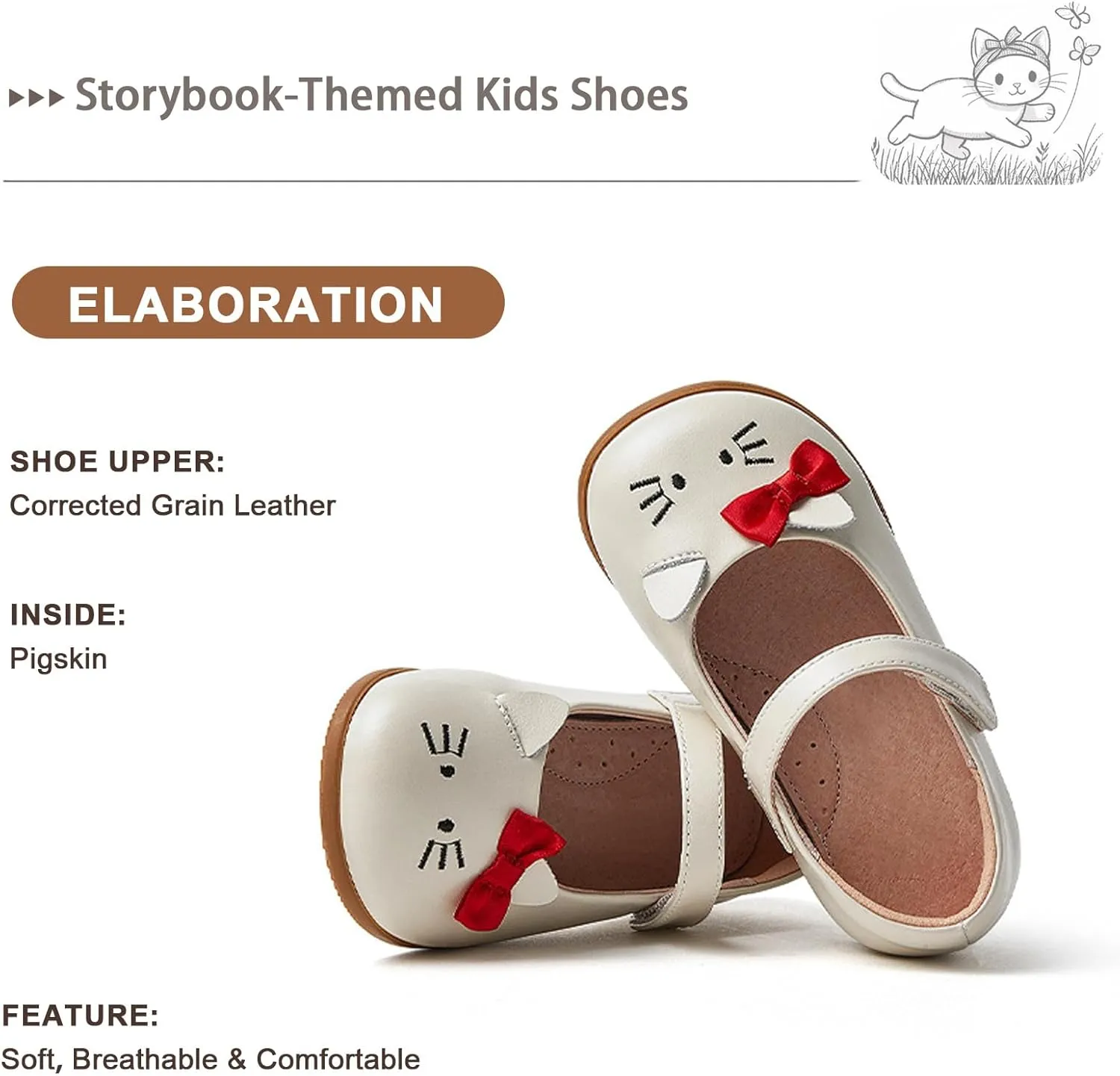 Storybook-Themed Kids Shoes, ‌Girls Leather Mary Jane Dress Shoes with Soft Pigskin Lining & Non-Slip Sole | Ages 2-7 for Spring/Summer Party School Styles