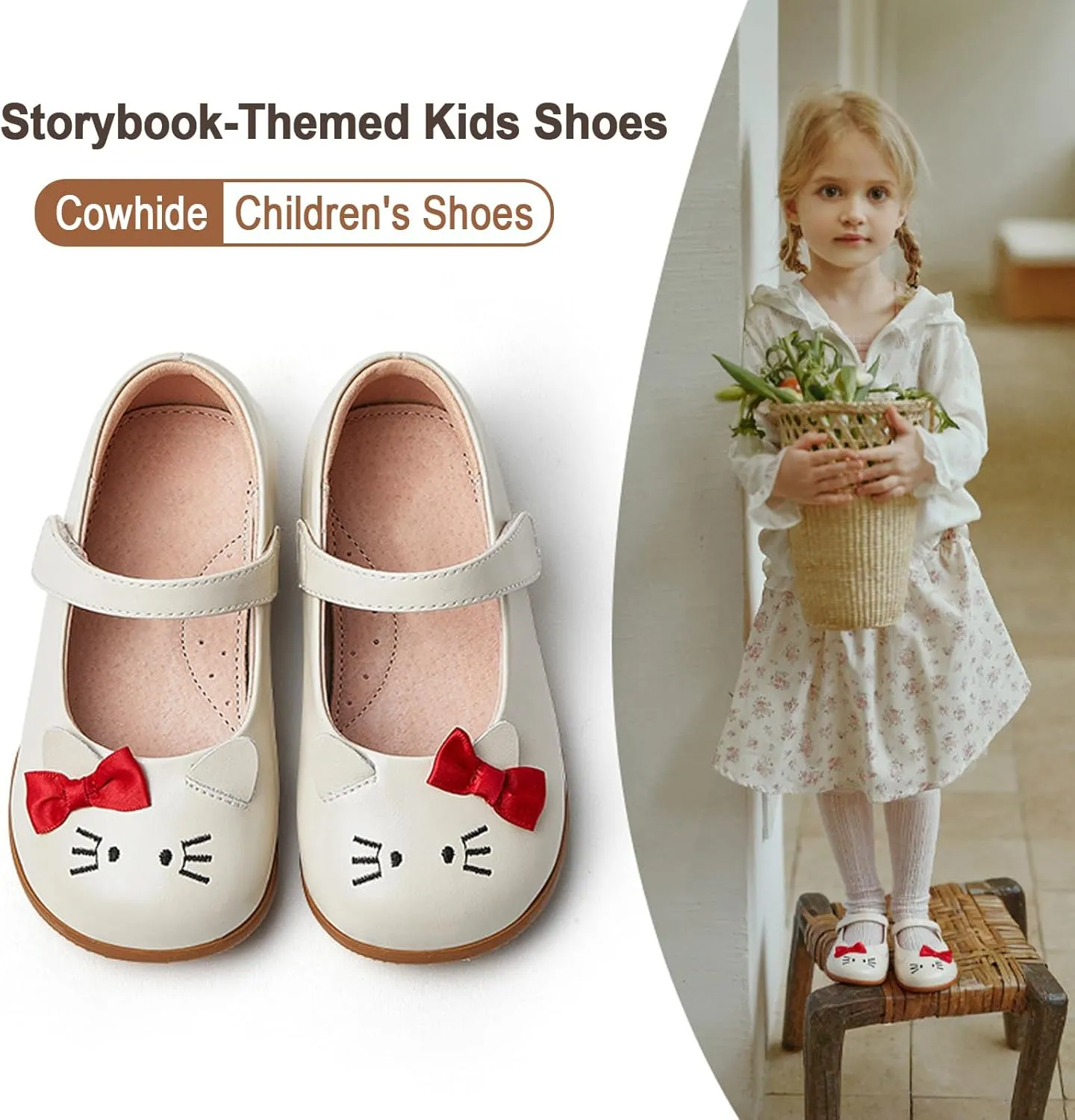 Storybook-Themed Kids Shoes, ‌Girls Leather Mary Jane Dress Shoes with Soft Pigskin Lining & Non-Slip Sole | Ages 2-7 for Spring/Summer Party School Styles