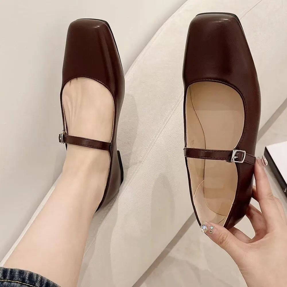 Stunner Women's Leather Dress Flats - Comfortable Square Toe Slip On Mary Jane Work Flats