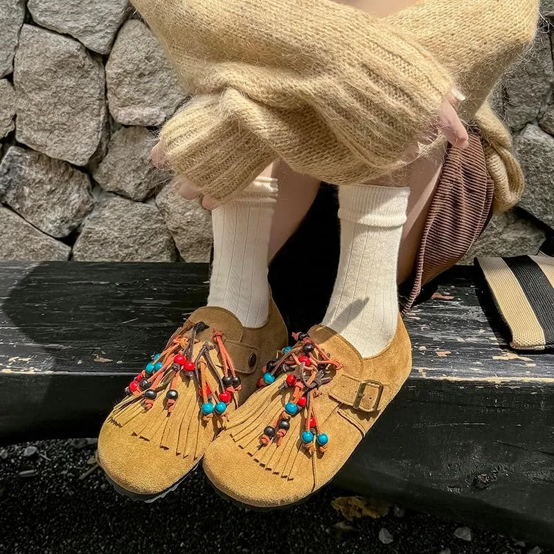 Suede Flats Shoes for Women Round Toe Moccasin Flats – Low Heel Slip-On Shoes with Fringe and Bead Details Party Pumps for Women