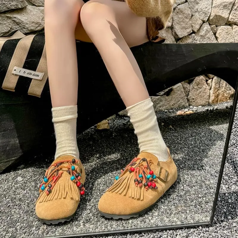 Suede Flats Shoes for Women Round Toe Moccasin Flats – Low Heel Slip-On Shoes with Fringe and Bead Details Party Pumps for Women