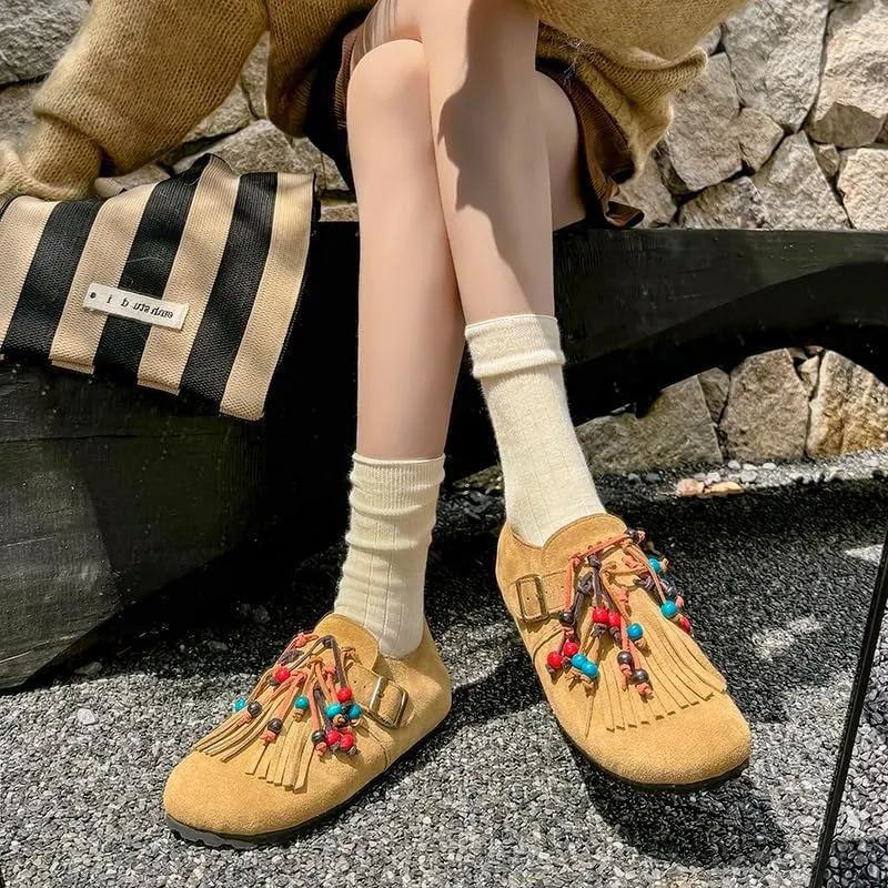 Suede Flats Shoes for Women Round Toe Moccasin Flats – Low Heel Slip-On Shoes with Fringe and Bead Details Party Pumps for Women