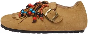 Suede Flats Shoes for Women Round Toe Moccasin Flats – Low Heel Slip-On Shoes with Fringe and Bead Details Party Pumps for Women